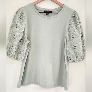 A Love Story Top Women's Size XL Sage Green T-Shirt Eyelet Short Puff Sleeves